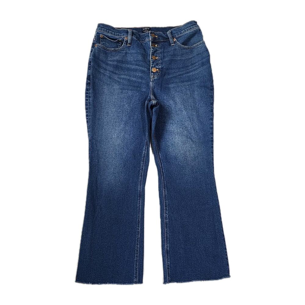 J Crew Jeans High Rise Flare Crop Dark Wash Button Fly Raw Hem Womens Size 31